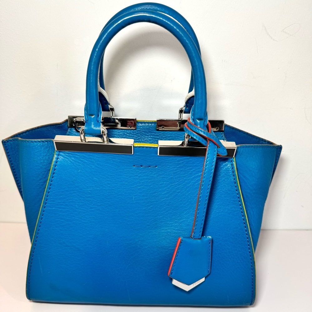 Fendi 3Jours Mini Blue Leather Top Handle Bag W Silver Accent & Crossbody Strap - Picture 3 of 16